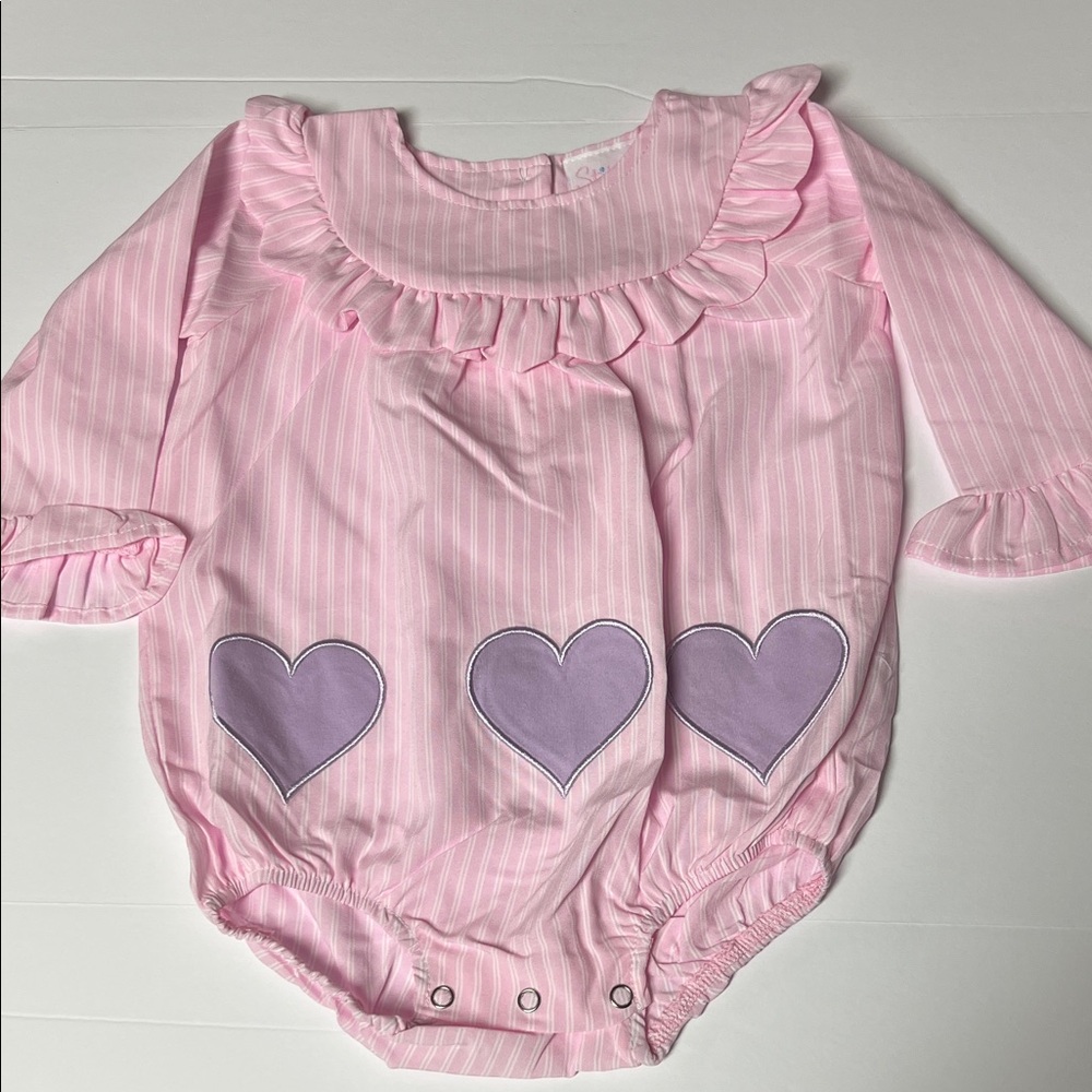 NWOT Stitchy Fish Girls Outfit Bubble 12 Months Pink Stripe Purple Hearts